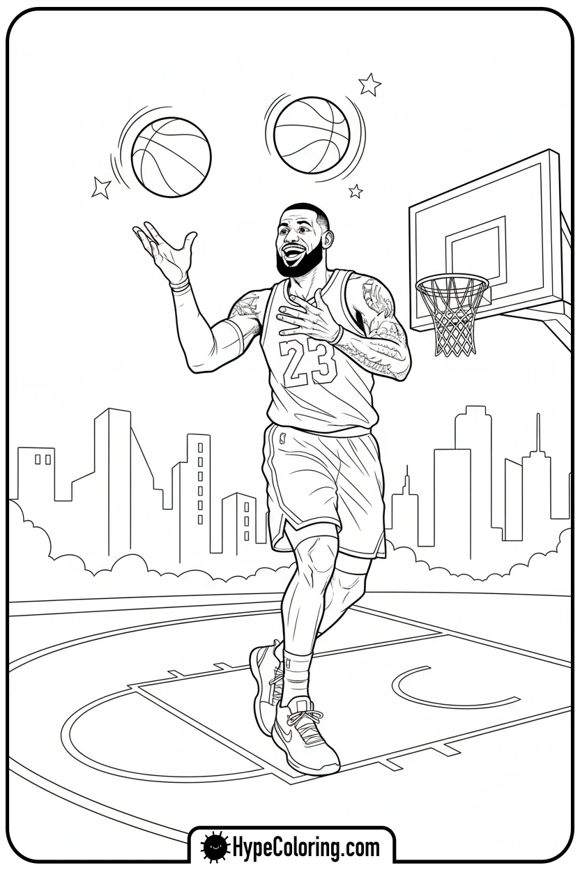 Click to download PDF lebron-juggling-basketballs - lebron james coloring page