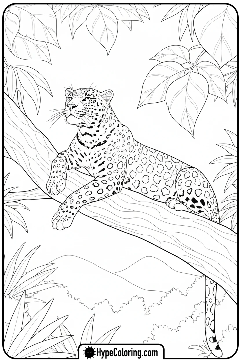 leopard-stretching-on-branch - leopard coloring page