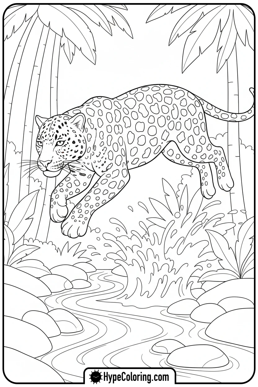 leopard-leaping-over-stream - leopard coloring page