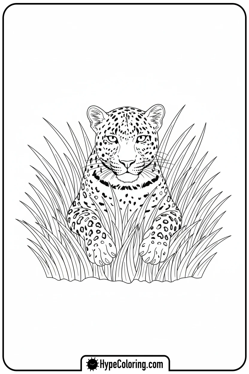 leopard-peeking-from-grass - leopard coloring page