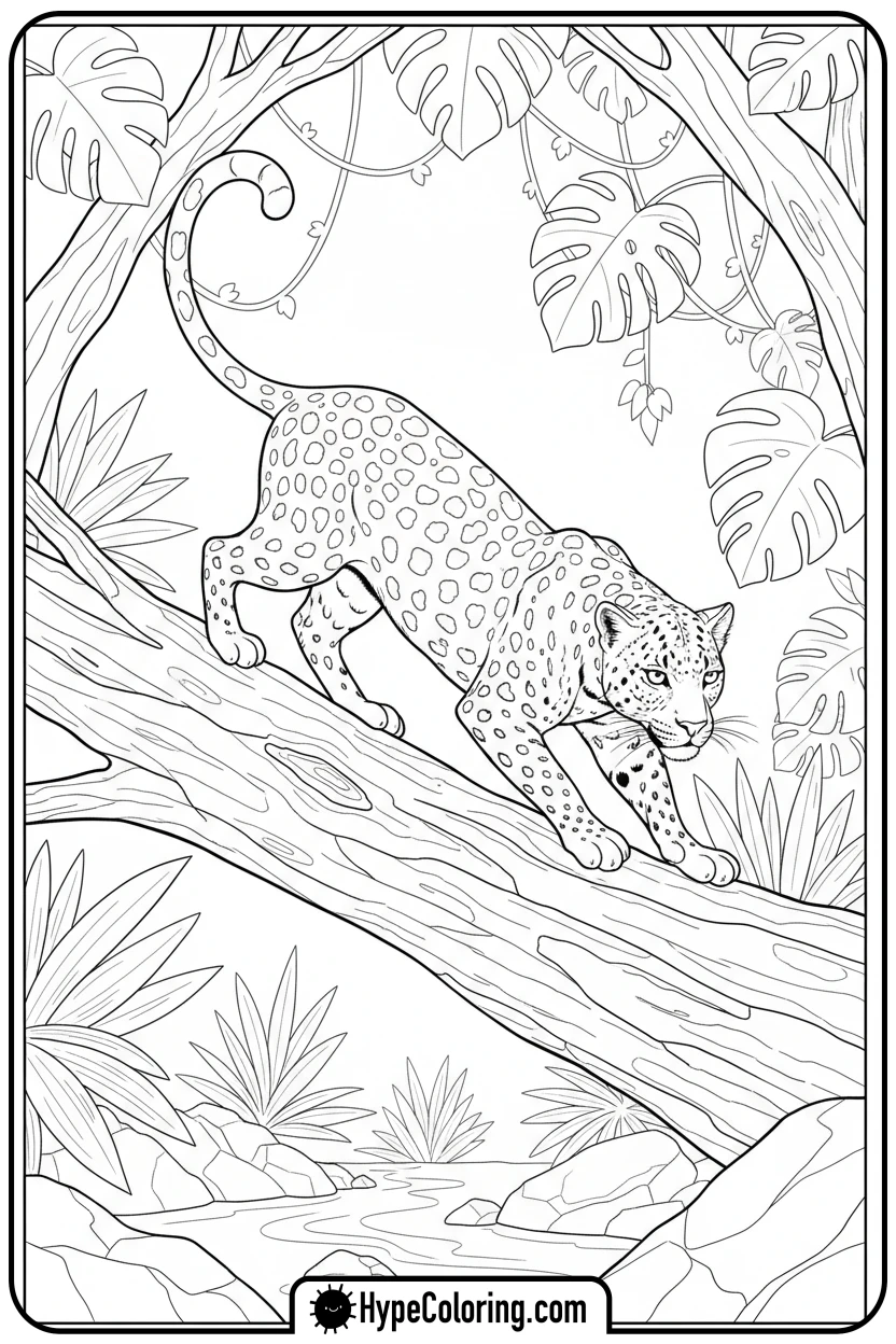 leopard-balancing-on-log - leopard coloring page