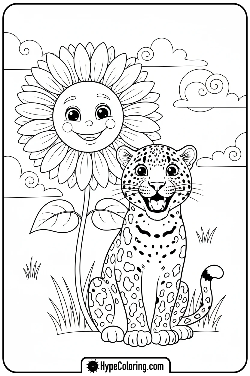 leopard-smiling-by-sunflower - leopard coloring page