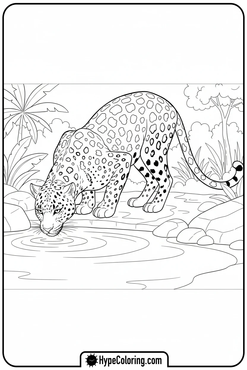 leopard-drinking-from-pond - leopard coloring page