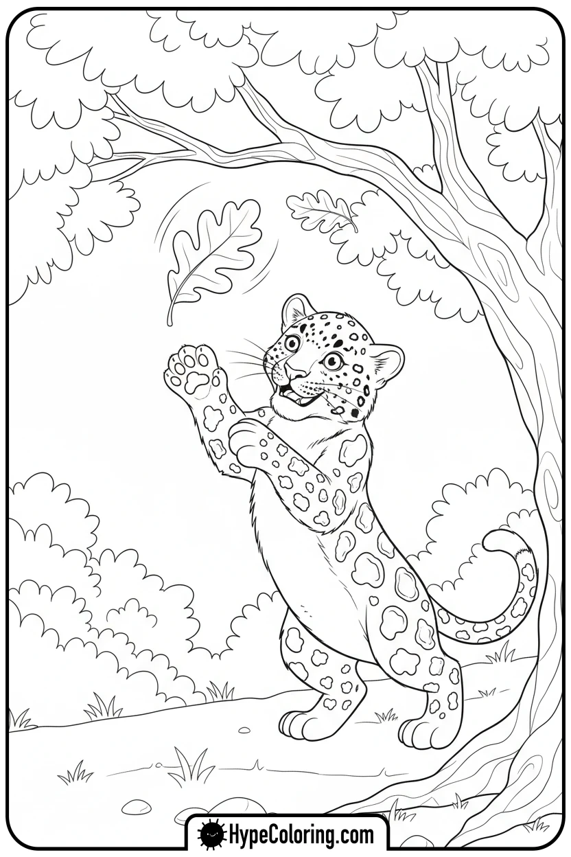 leopard-cub-catching-leaf - leopard coloring page