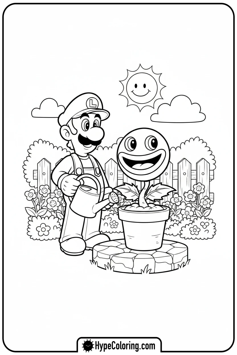 luigi-watering-friendly-piranha-plant - luigi mario coloring pages