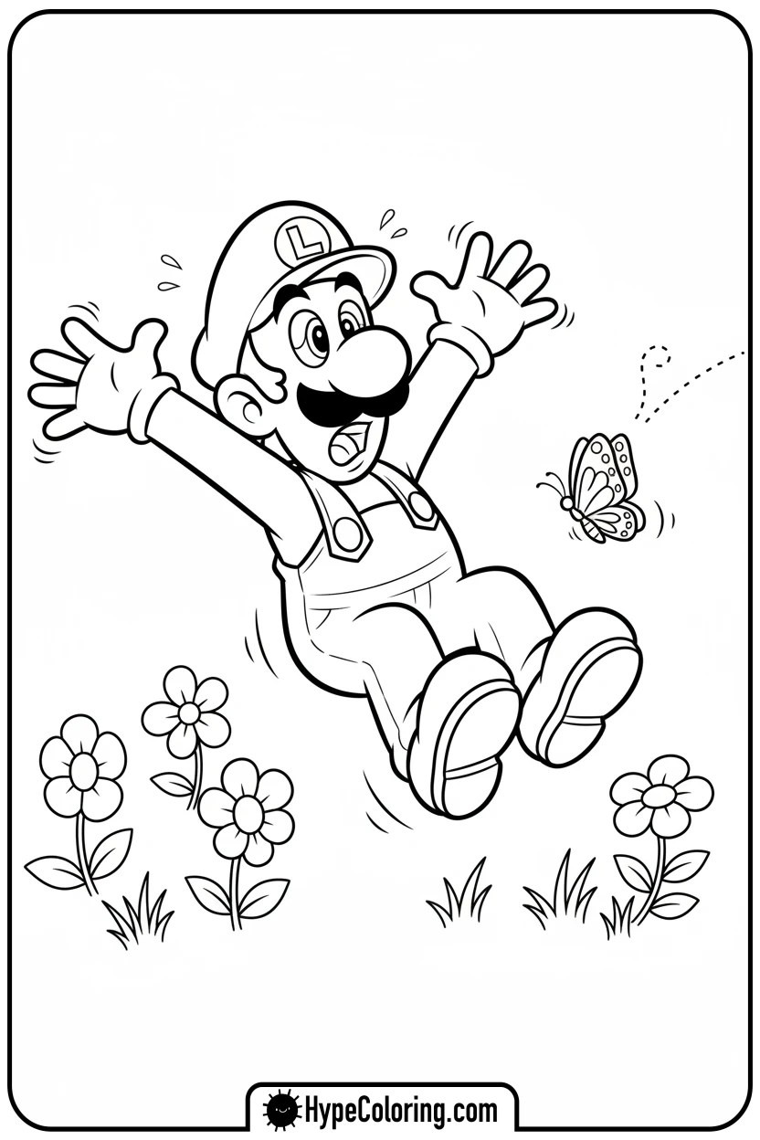 luigi-startled-by-butterfly - luigi mario coloring pages