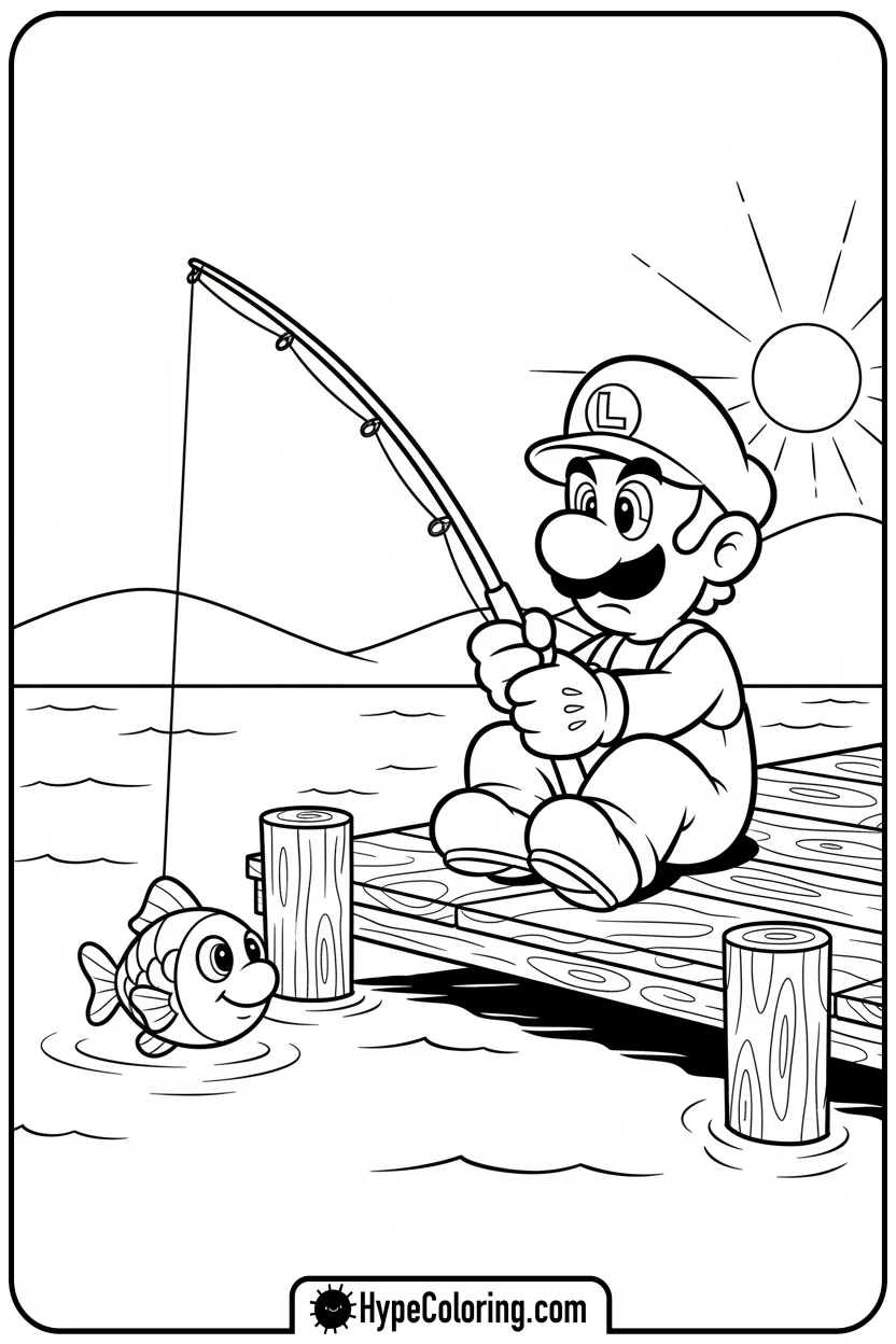 luigi-fishing-on-dock - luigi mario coloring pages