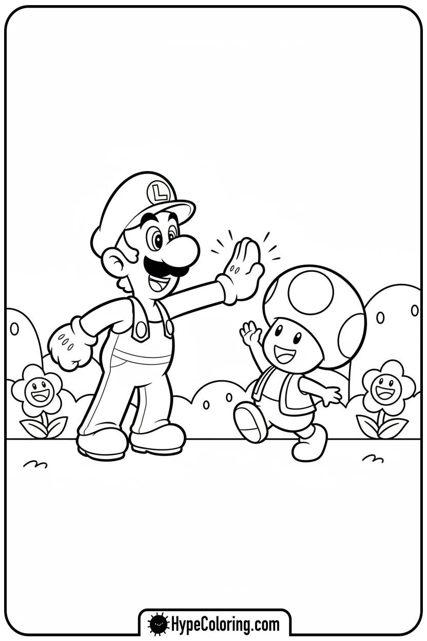 luigi-high-fiving-toad - luigi mario coloring pages