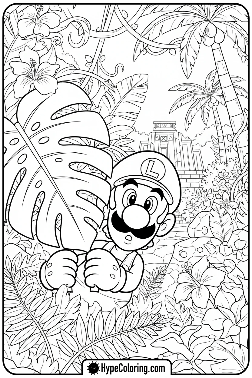 luigi-peeking-from-jungle-leaf - luigi mario coloring pages