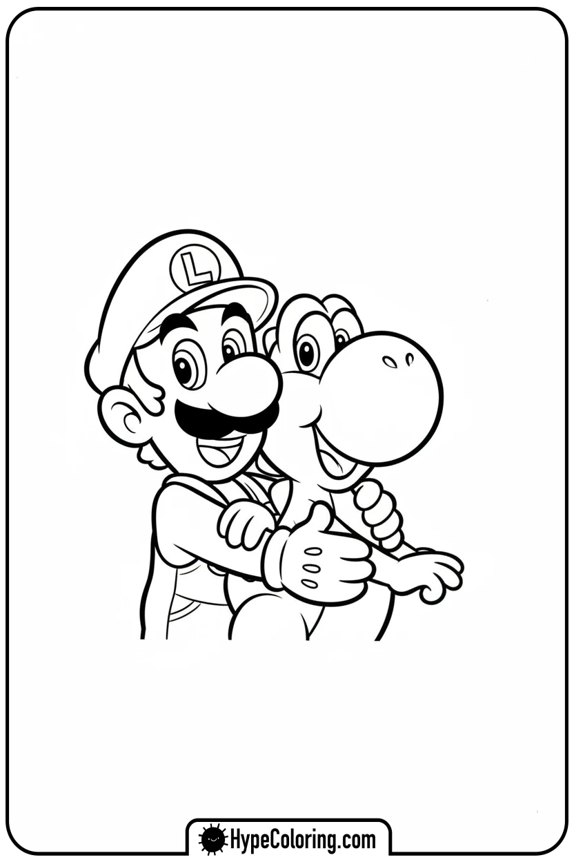luigi-hugging-yoshi - luigi mario coloring pages