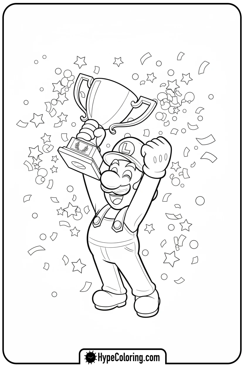 luigi-celebrating-with-trophy - luigi mario coloring pages