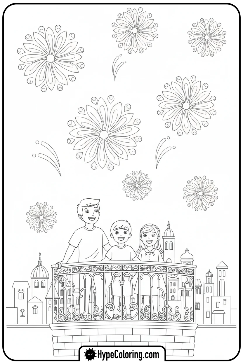 family-watching-fireworks-display - lunar new year coloring pages