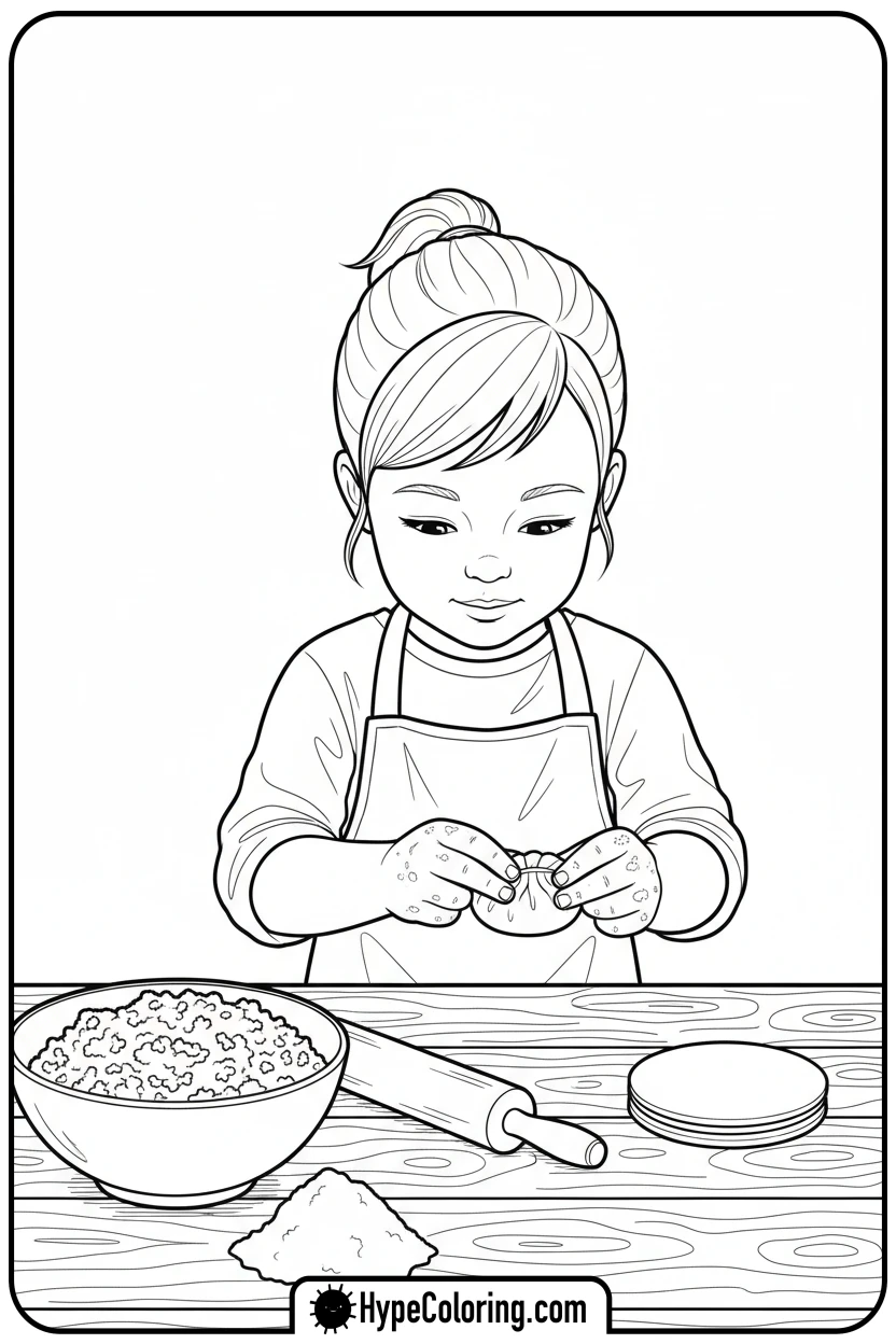 child-making-dumplings - lunar new year coloring pages