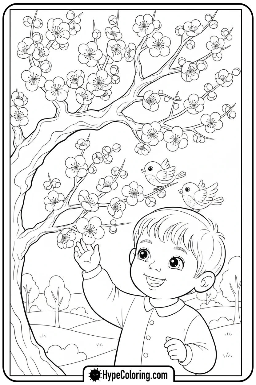 child-admiring-plum-blossoms - lunar new year coloring pages