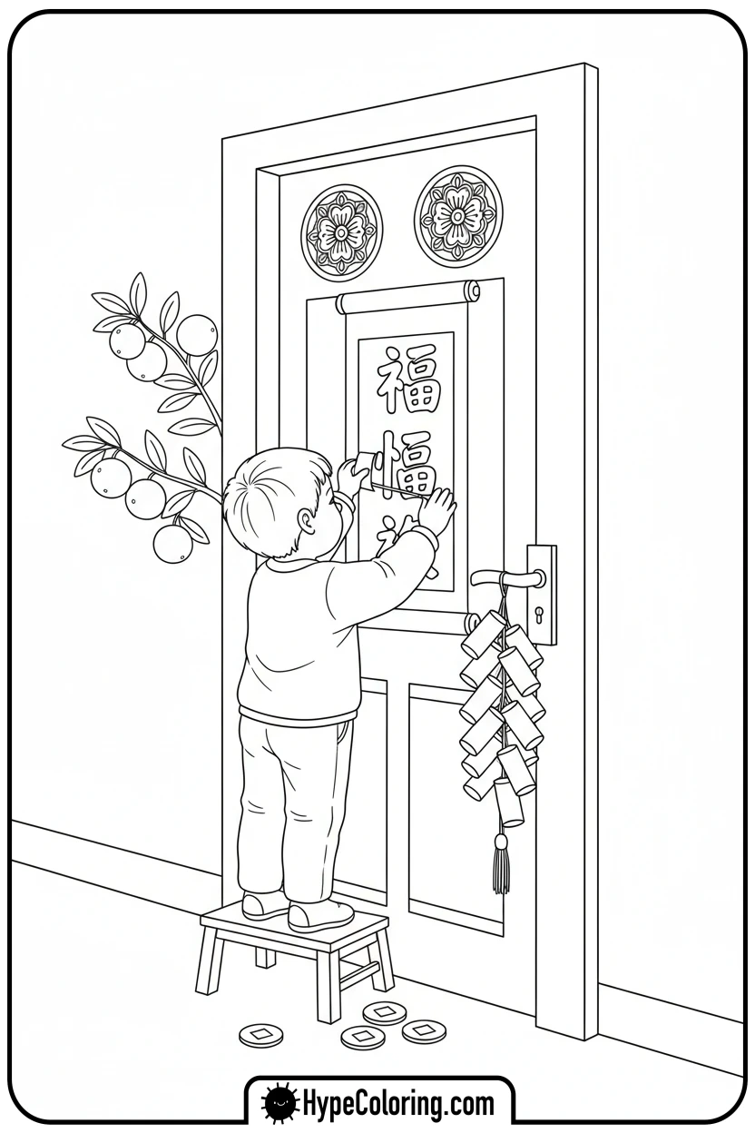 child-hanging-new-year-couplets - lunar new year coloring pages