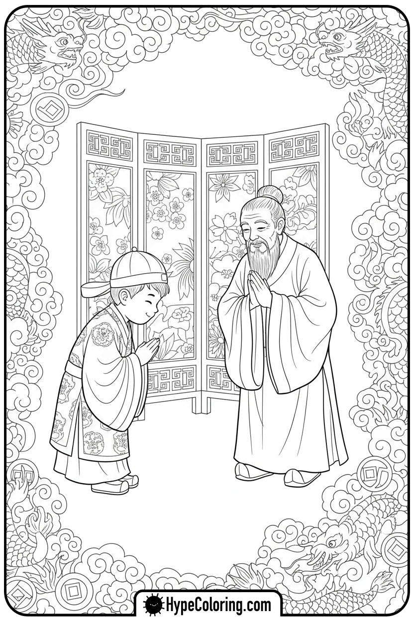 children-bowing-to-an-elder - lunar new year coloring pages