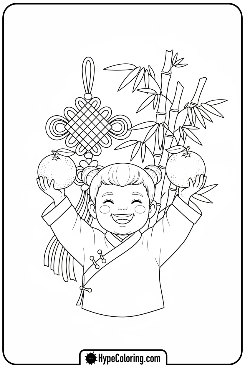 child-holding-tangerines - lunar new year coloring pages