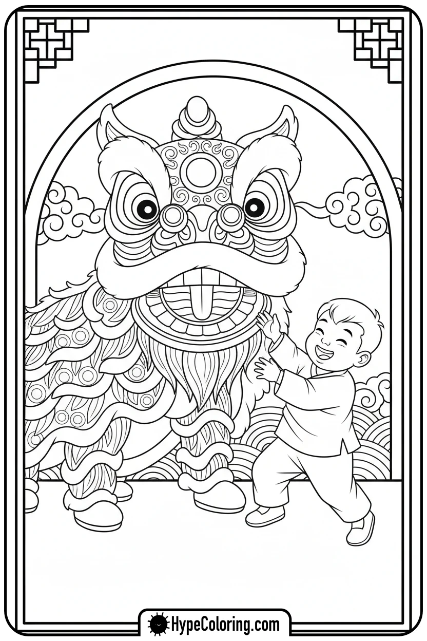 child-interacting-with-lion-dancer - lunar new year coloring pages