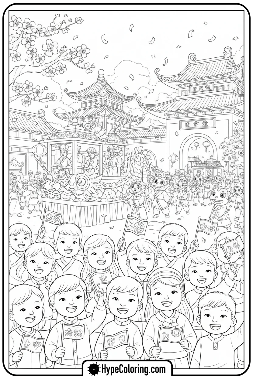 children-watching-a-parade - lunar new year coloring pages