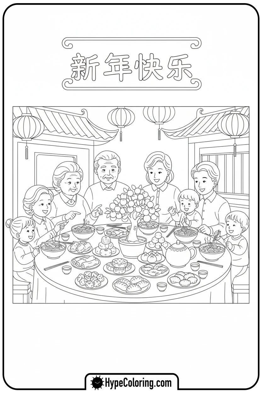family-gathered-for-new-year-feast - lunar new year coloring pages