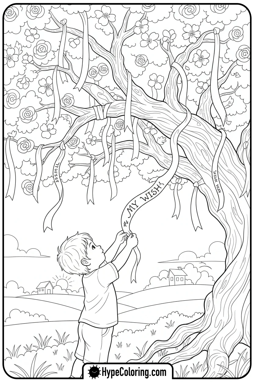 child-tying-wish-on-a-wishing-tree - lunar new year coloring pages
