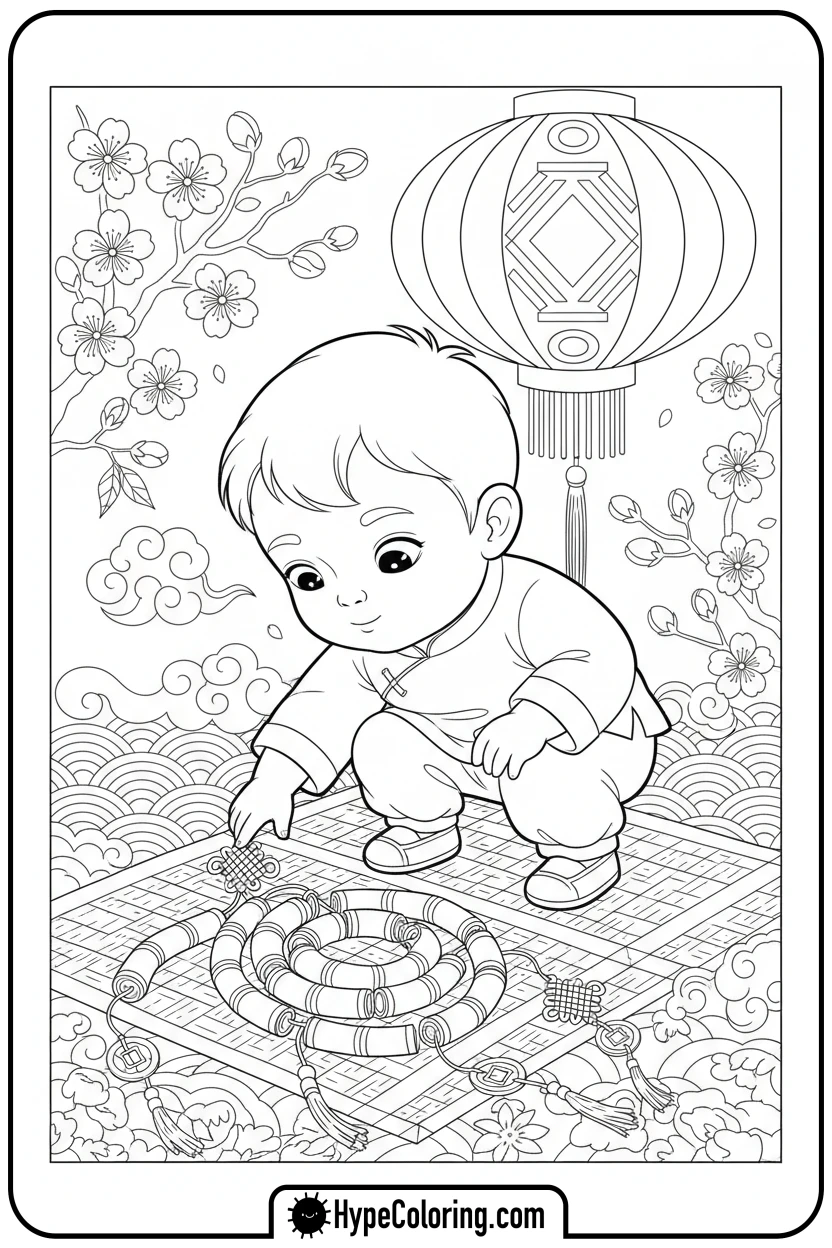 child-looking-at-firecrackers - lunar new year coloring pages