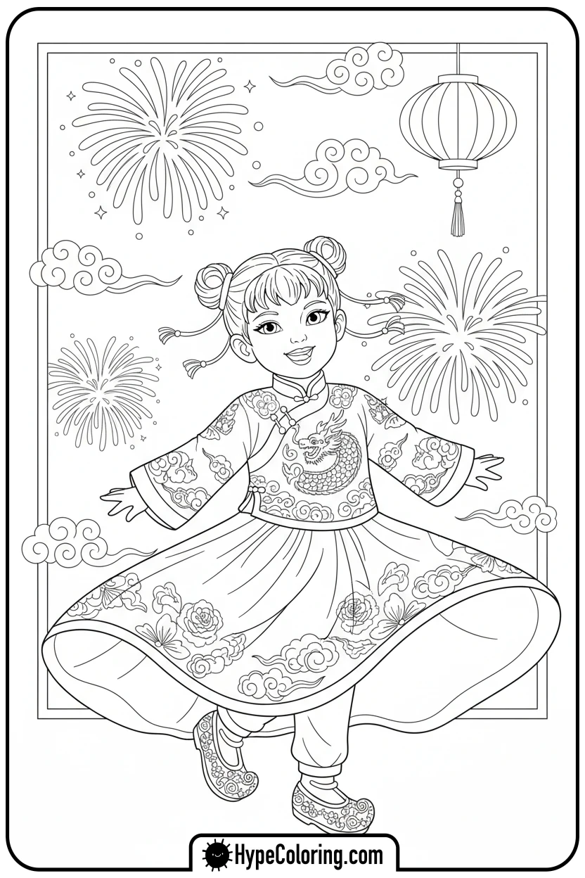 child-showing-off-new-clothes - lunar new year coloring pages