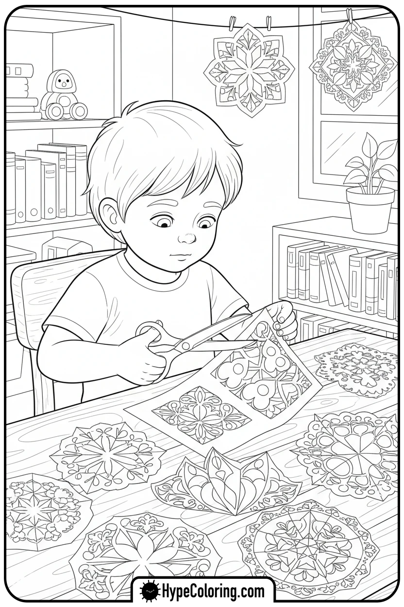 child-making-paper-cutouts - lunar new year coloring pages
