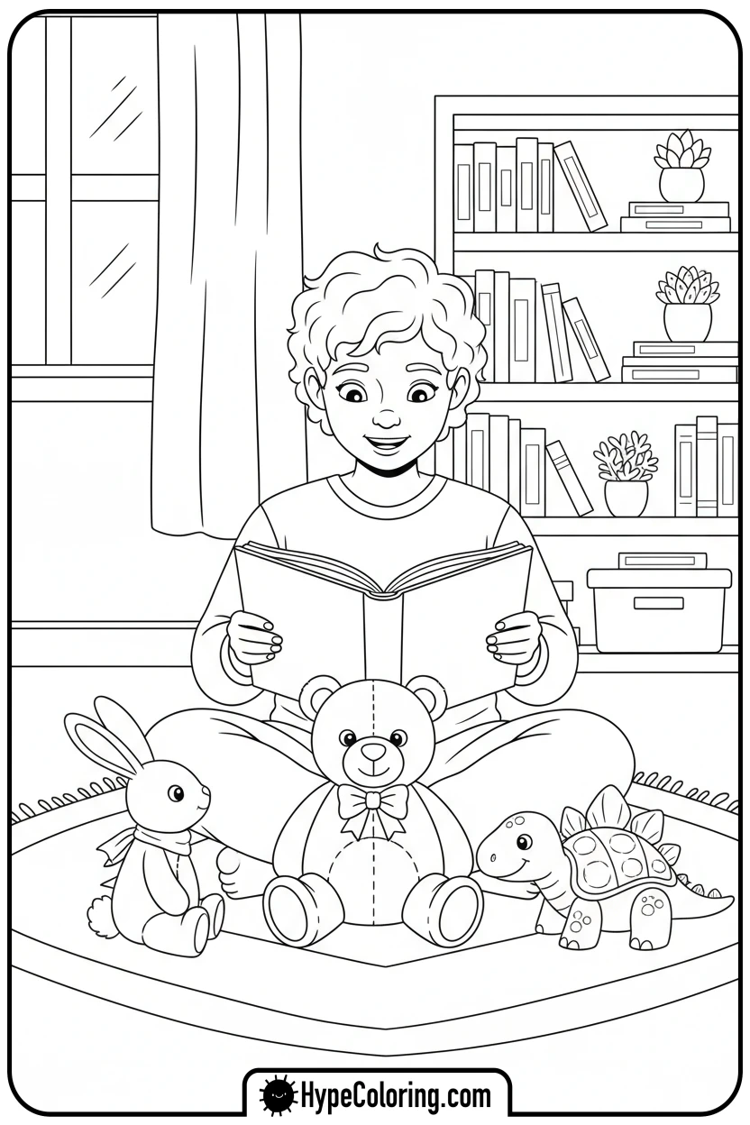 person-reading-to-toys - make coloring book pages from photos