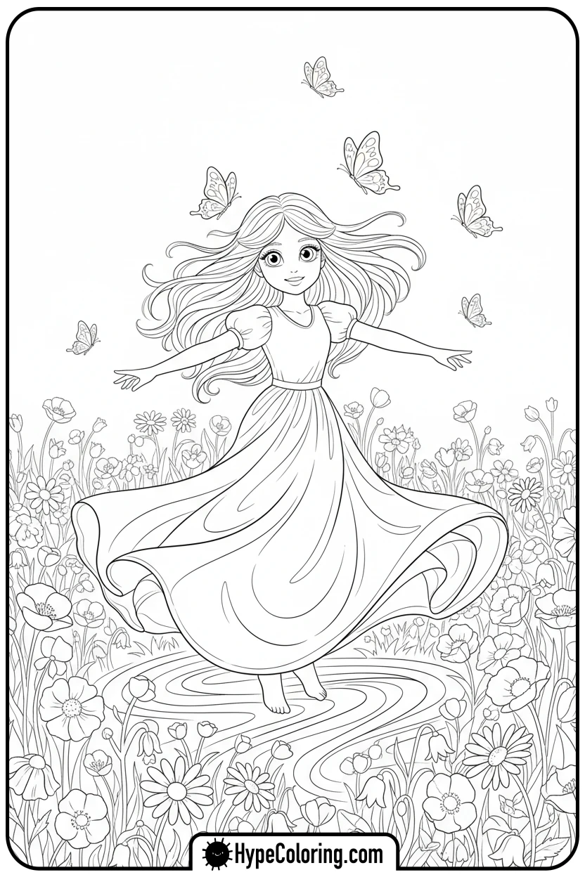 girl-twirling-in-flowers - make coloring book pages from photos