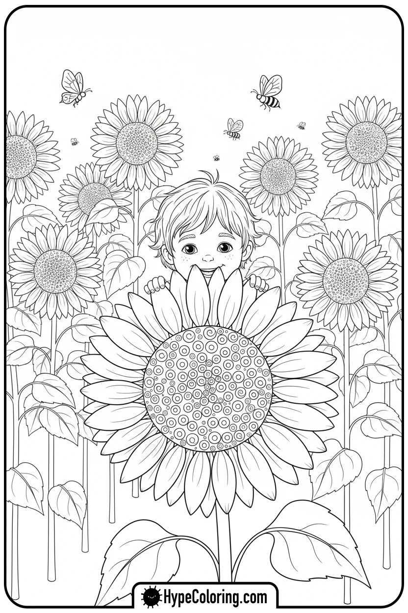 child-peeking-over-sunflower - make coloring book pages from photos