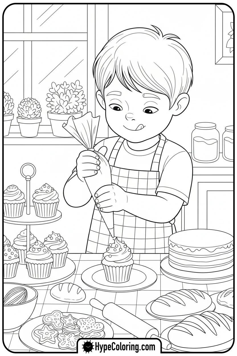 boy-frosting-cupcake - make coloring book pages from photos