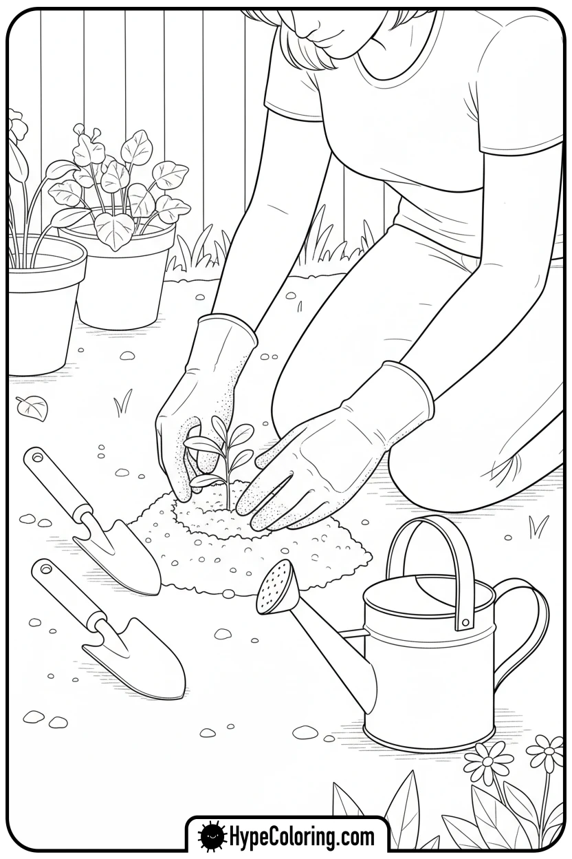 person-planting-seedling - make coloring book pages from photos