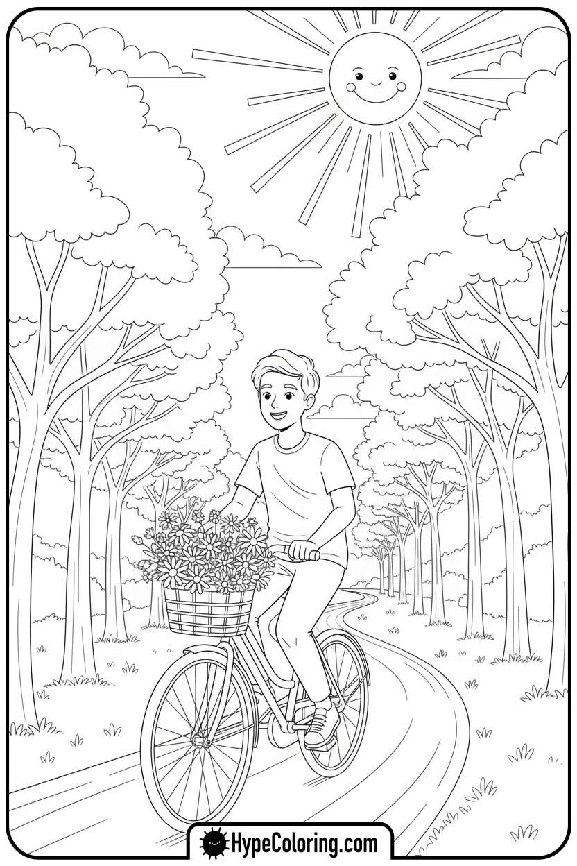 person-riding-bike-with-flowers - make coloring book pages from photos