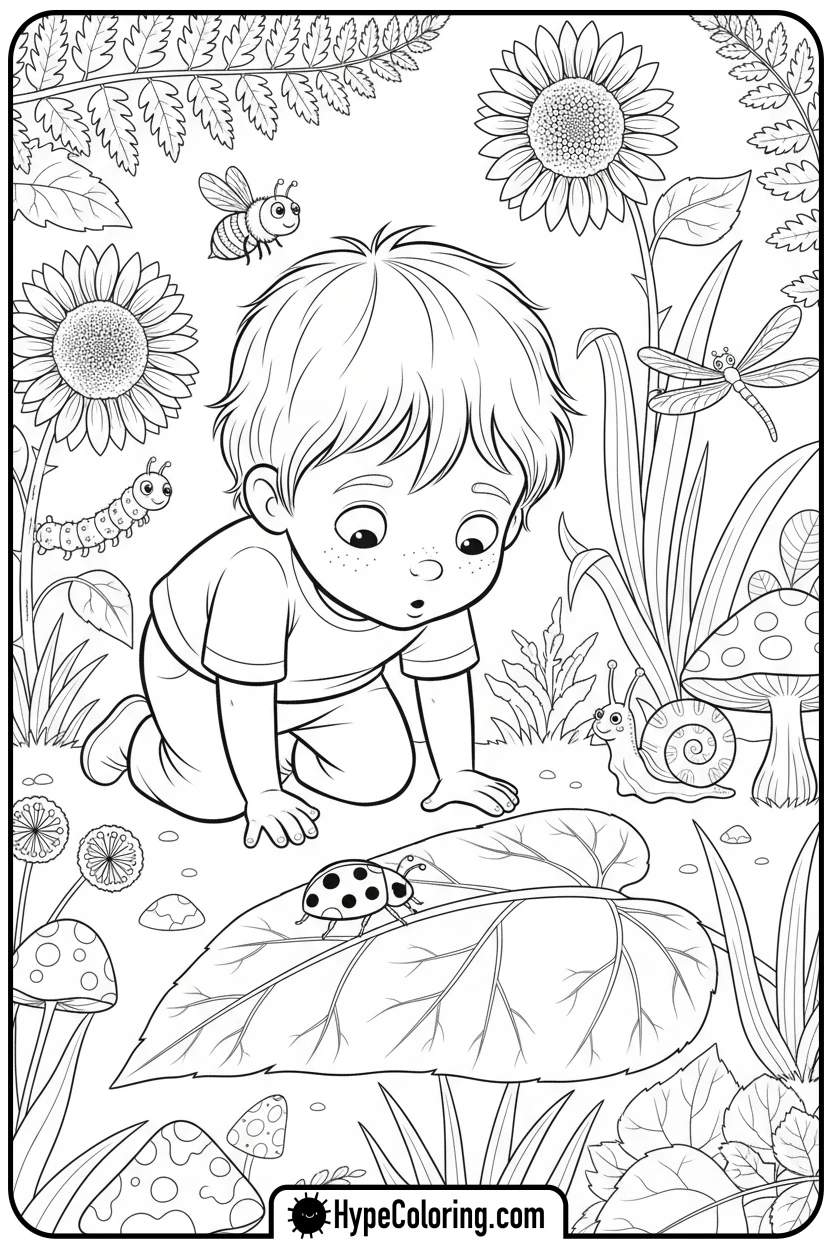 child-observing-ladybug - make coloring book pages from photos