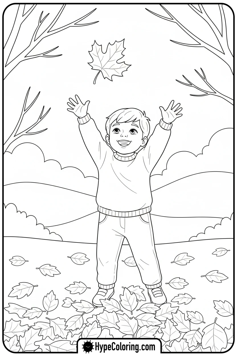 child-catching-autumn-leaf - make coloring book pages from photos