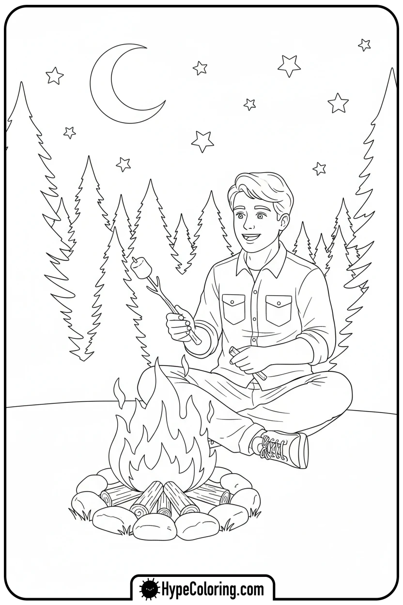 person-roasting-marshmallow - make coloring book pages from photos