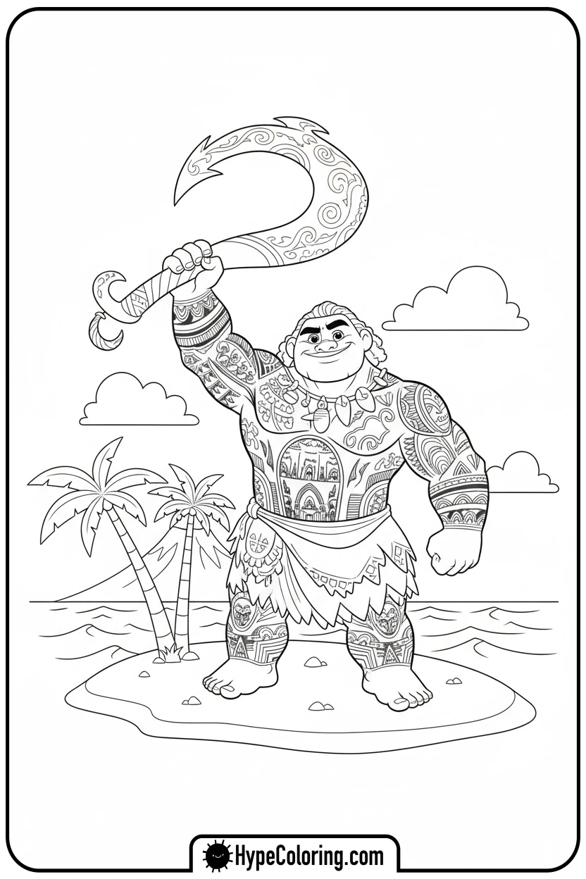 maui-heroically-holding-fish-hook - maui coloring pages