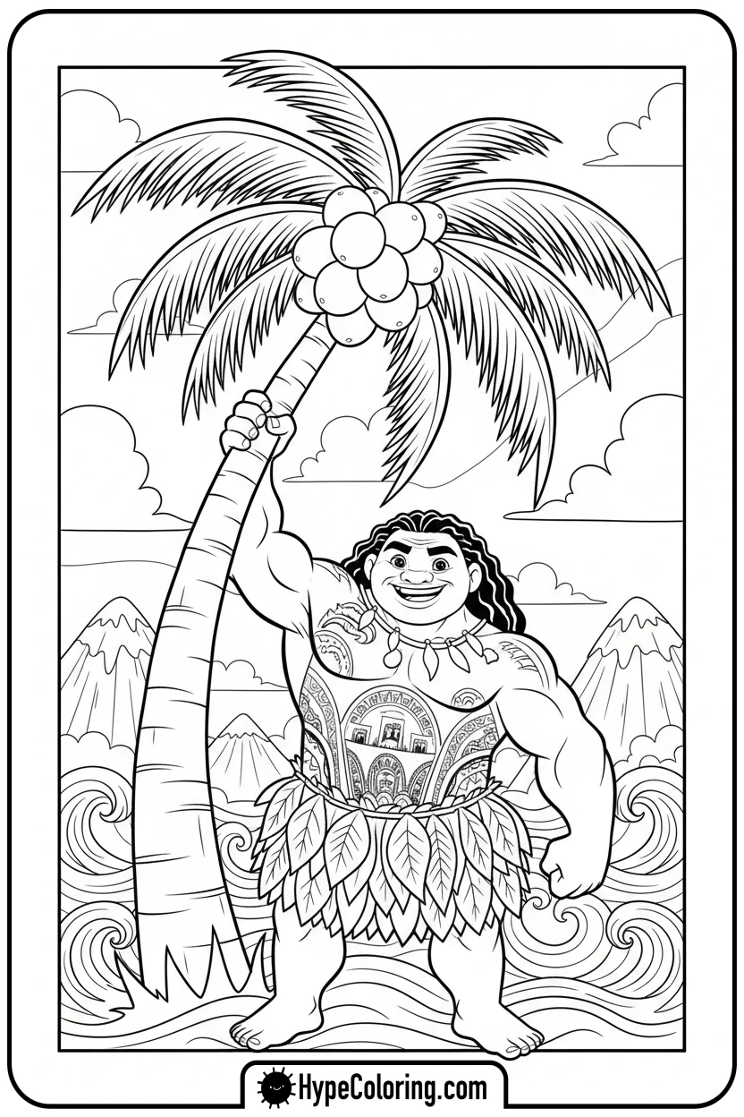 maui-lifting-a-coconut-tree - maui coloring pages
