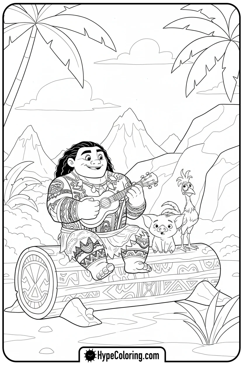 maui-playing-ukulele-with-pua-and-heihei - maui coloring pages