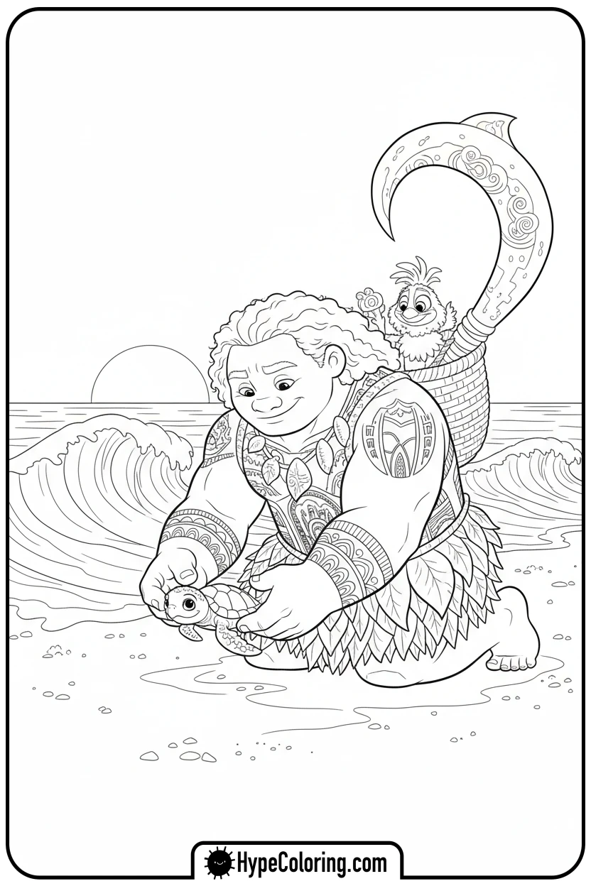 maui-helping-baby-sea-turtle - maui coloring pages