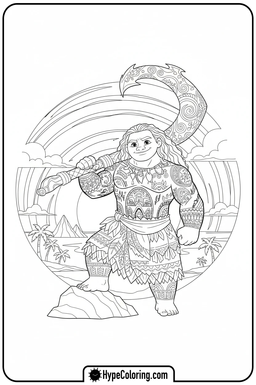 maui-posing-with-fish-hook-at-sunset - maui coloring pages
