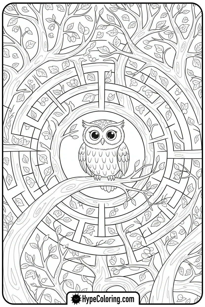forest-tree-branch-maze-with-owl - maze coloring pages