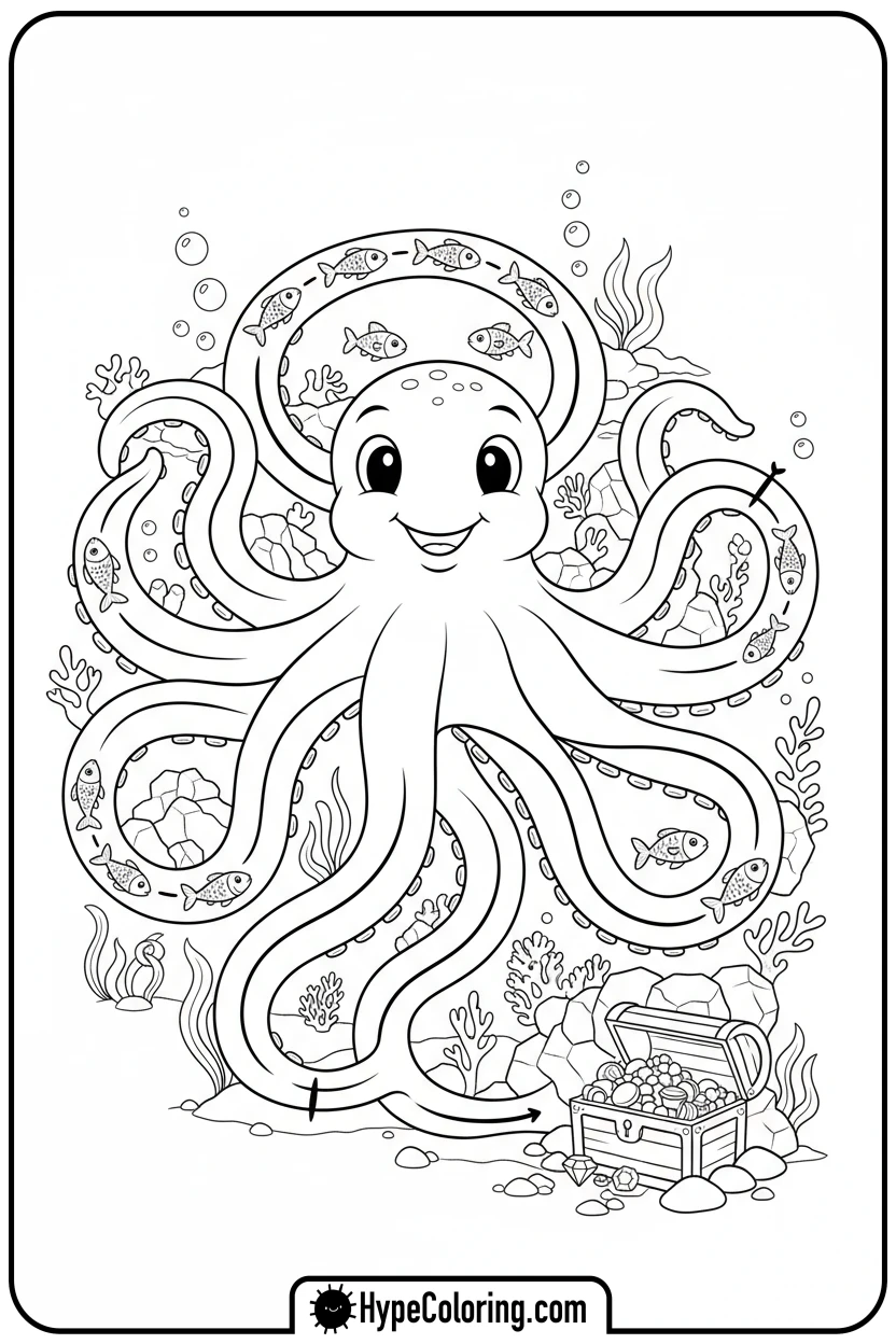 octopus-ocean-maze-with-fish - maze coloring pages