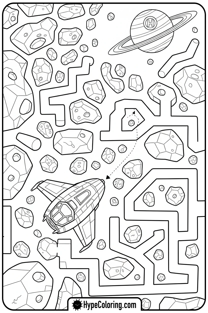 spaceship-asteroid-maze-to-planet - maze coloring pages
