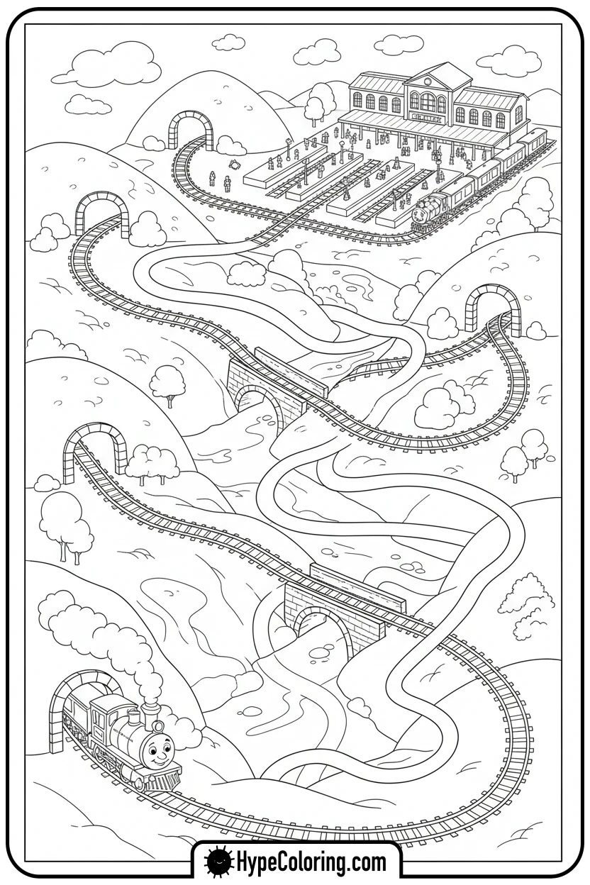 train-track-maze-to-station - maze coloring pages
