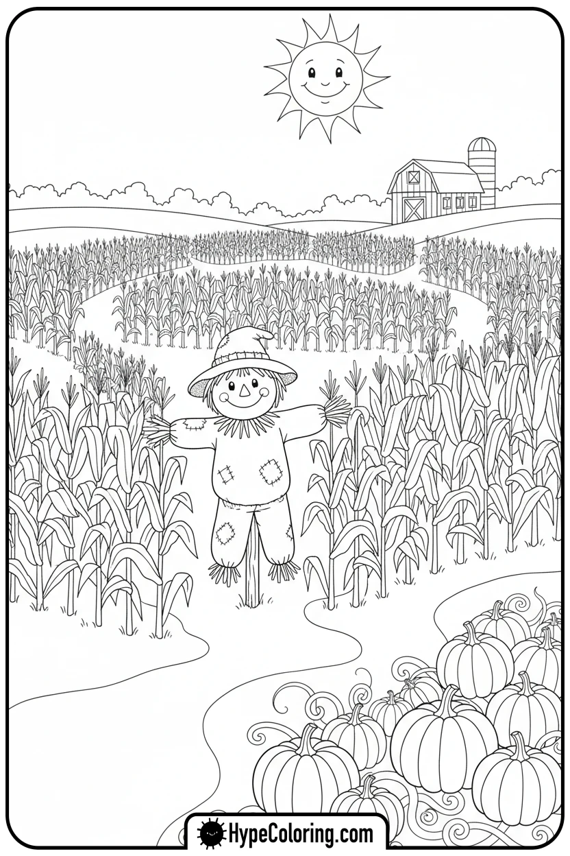 farm-corn-maze-with-pumpkin - maze coloring pages