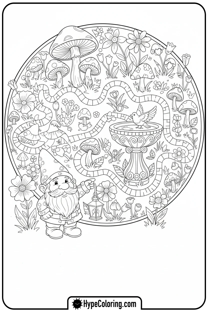 garden-gnome-path-maze - maze coloring pages