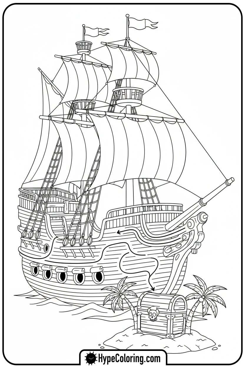 pirate-ship-deck-maze-treasure - maze coloring pages