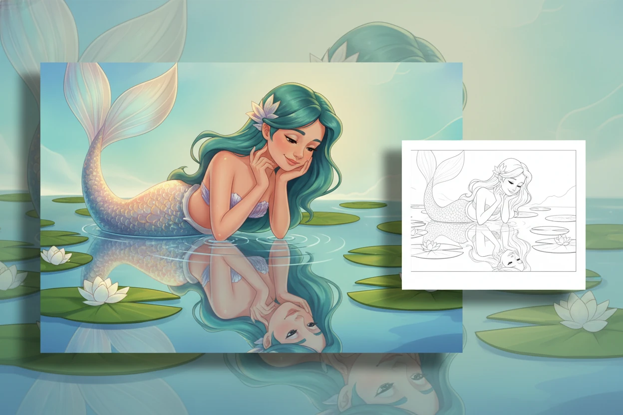 a-mermaid-looking-at-her - mermaid coloring pages printable